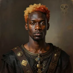 a professionally painted african male model , clothed in ancient gothic street wear, dark skin, reddish gold hair, beautiful bone structure, symmetrical features, stunningly, beautiful, intricate, elegant, digital painting, smooth, sharp focus, illustration, no cropping, made by Kehinde Wiley, Kara Walker, Jacob Lawrence, Sam Gilliam, Edmonia Lewis,
