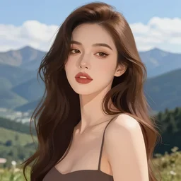 sexy girl with long brown hair and luscious lips, scenic view, mountain landscape, artstyle : high definition anime and ilya kuvshinov