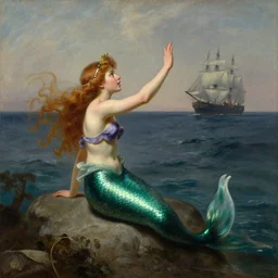a mermaid siren princess calling out towards sailors on a distant ship. 15mm lens. Masterpiece. By Jordan Grimmer. By Bouguereau.