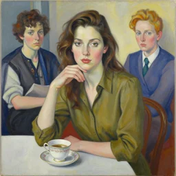 epic painting of highly detailed female in olive blouse sitting at table with teacup in style of amy leibowitz, wlop, jeremy lipkin, beeple