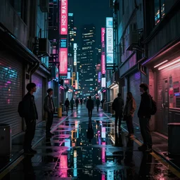 a dangerous cyberpunk alley in future tokyo at night, reflections on wet ground by sachin teng and pascal blanche nekro josan gonzalez rhads ruan jia. in style of digital art. cinematic lighting, film noirs, symmetry, vibrating colors, hyper detailed. octane render, artstation, clear, sharp, straight lines