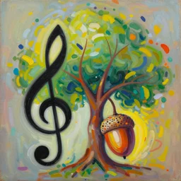 an abstract painting of an acorn that turns into a tree in the shape of a treble clef, colorful and expressive