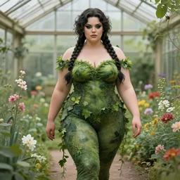 a stunning matte portrait of a thicc and stacked ariel dressed as a beautiful poison ivy with hair tied in a braid walking through a flowering garden, greenhouse in the background, dark eyeliner, intricate, elegant, highly detailed, digital painting, artstation, concept art, sharp focus, illustration, art by artgem and jugendstil and greg rutkowski and alphonse mucha, pixv