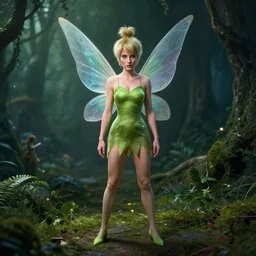 mads mikkelsen dressed as tinkerbell from disney's peter pan, green fairy dress, grim facial expression, high medieval fantasy, full color digital art, cinematic shot, portrait, wide shot.
