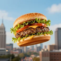 a burger flying over a city