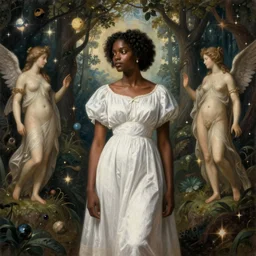 a celestial renaissance painting of a black woman wearing a white dress in the middle of a magical florest, magical, octane render, renaissance, boguereau, venus, nymph, boticceli, coherent, soft, smooth, volumetric light