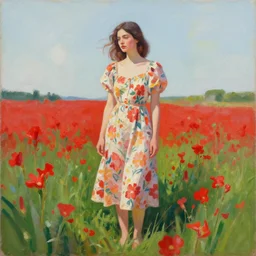 a painting of a woman in a flower dress standing in a field of red flowers by craig mullins, trending on artstation, color field, concept art, artstation hd, matte drawing