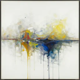 beautiful abstract composition in middle rest is white canvas by eddie martinez and pat steir and hilma af klint, psychological, photorealistic, dripping paint, washy brush, oil on canvas, matte painting, rendered in octane, altermodern, masterpiece