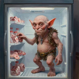 classic oil painting, a goblin, as a dnd character, inside of a cold meat freezer, highly detailed, digital illustration, concept art, smooth, sharp focus, art by tim hildebrandt, and greg hildebrandt