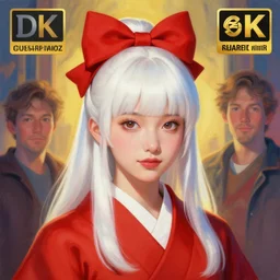 centered painted portrait, a japanese princess young lady, with white hair and bangs with a red with a red bow tied in her hair!!!!, D&D, matte painting concept art, beautifully backlit, official fanart, colourful, by and ilya kuvshinov and Cushart Krentz and Gilleard James, 4k, HDR, Trending on artstation, Behance, award winning
