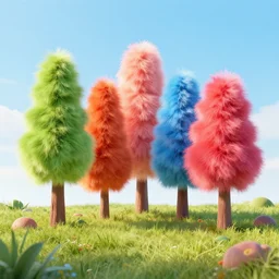 Colorful fluffy trees made of fur in a field, octane render, volumetric lighting
