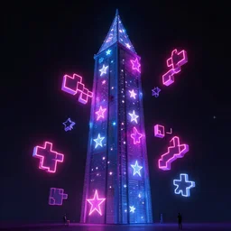 a tower with walls showing stars, glowing neon tetris pieces floating around, by peter mohrbacher dan mumford craig mullins nekro, cgsociety, pixiv, volumetric light, 3 d render