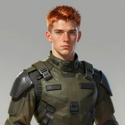 Portrait of a man by Greg Rutkowski, he is about 20 years old, short copper hair, attractive, military composure, younger brother vibes, he is wearing futuristic military fatigues, highly detailed portrait, digital painting, artstation, concept art, smooth, sharp foccus ilustration, Artstation HQ.