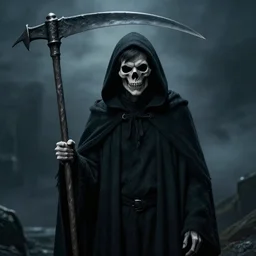 rowan atkinson is the grim reaper the death itself, wearing dark cloak, holding a scythe, dark misty background