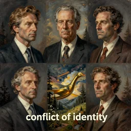 ' conflict of identity'theme surrealist art in the styles of igor morski, jim warren, and rob gonsalves, intricate, hyperrealistic, volumetric lighting
