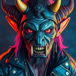 an apocalyptic scifi demonic orcish punk rock biker character posing for a professional photo, psychedelic vibrant colors, highly detailed oil painting by michael whelan art, futuristic punk rock fashion, perfect face, sharp focus, detailed eyes, realistic, leather jacket, 8 k cover art, artgerm, ed repka, artstation, cgsociety