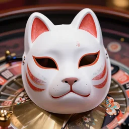 a roulette in a casino, gambling, beautiful detailed japanese crow kitsune mask and classical japanese kimono highly detailed. iridescent accents. by wlop, tooth wu, greg rutkowski, alena aenami, beeple, octane render, ultra realistic. teal and gold and white and black