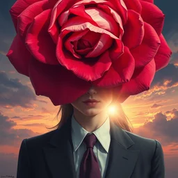 closeup, giant rose flower face, frontal, girl in a suit, surreal photography, sunrise, dramatic light, impressionist painting, digital painting, artstation, simon stalenhag