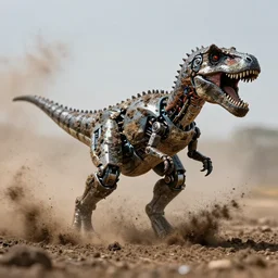 action photography, long shot, award winning macro photo of an ultra detailed intricate muddy robotic dinosaur exploding from mud, dirt and dust, fast shutter speed, motion blur, tiny gaussian blur, highly detailed, highly intricate, depth of field, national geographic