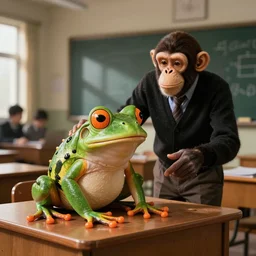 happy ape professor teaching frog in a class room, photography, detailed, realistic