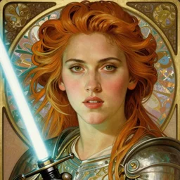 head and shoulders portrait of a female knight, jedi, young scarlett johansson, star wars, gazing into camera, lightsaber, by alphonse mucha, face detail, extremely detailed, art nouveau painting