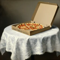 Table with tablecloth, pizza slices inside a pizza carton in the style of Dutch Still Life from the 1600s, old oil painting