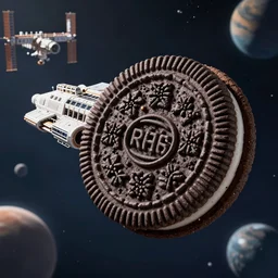 a oreo cookie as starship in the space, seen from far away, internation station, planets, high detail, hyper tech, space journey aesthetic, matte painting, artstation, octane render