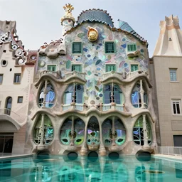 highly detailed futuristic architecture by Antoni Gaudí and Salvador Dalí, reflective lighting, holographic, stylized vegetation, ground-level view, puddles of turquoise water, stunning sunny lighting, sunrise, vivid colors, in the style of pixar animation, trending on Artstation, 8k, matte painting, ray tracing, hyper detailed, unreal engine 5, cinematic, epic lighting, cryengine, octane render, cyberpunk, red and orange glow, vibrant