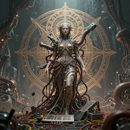 a centered render of a goddess entangled in an alien bio - organic landscape adorned with cables and synthesizer parts is surrounded by sacred geometry, bio - mech structure, powerful, cinematic, beautifully lit, by artgerm, by h. r. giger, 3 d, trending on artstation, octane render, 8 k