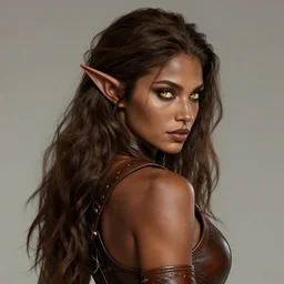 full portrait of alluring elf huntress, looking from behind, detailed face, leather suit, wild brunette hair, brown skin, golden eyes, looking at the camera, high fantasy, dnd, extremely detailed, smooth, sharp focus, digital illustation, by rossdraws, sakimichan, wlop