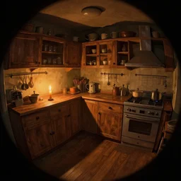 epic illustration of a wooden kitchen dim lit by 1 candle doubly so by Goro Fujita and Simon Stalenhag , 8k, trending on artstation, hyper detailed, cinematic 'fisheye lense'!!!!!!!!!