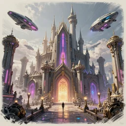 symetrical highly detailed sandman kingdom, cyberpunk, neon, tron, close up in the bg entrance castle kingdom of dreams, space ships, hiperrealistc, global illumination, radiant light, detailed and intricate environment, 3 6 0 degrees, panoramic view, sketch drawing by frank lloyd wright
