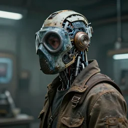 a half - masked rugged laboratory engineer man with cybernetic enhancements as seen from a distance, scifi character portrait by greg rutkowski, esuthio, craig mullins, 1 / 4 headshot, cinematic lighting, dystopian scifi gear, quirky, profile picture, mechanical, cyborg, half robot, implants, dieselpunk