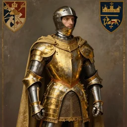 man in 15 century decorated with gold crusader armor and cape with kingdom of jerusalem insignia da vinci art style