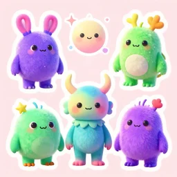 3 d cute imaginary outworldly creatures, neon colors, surrealistic, sticker art