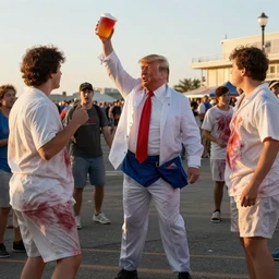 donald trump hitting people with pudding, jello stained clothes, golden hour, boardwalk