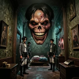 hyperrealistic cinestill of giant attack on titan creepy smiling monster entity creature head floating in claustrophobic hallway, 1 9 9 0 interior bedroom decoration, designed by guillermo del toro, junji ito, gantz, fangoria, hideo kojima, colorized. scp historical archives. david lynchian atmosphere. deep aesthetics of weirdcore