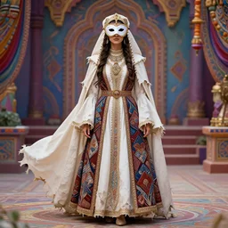 ciscaucasia noble costume, princess, masked, wearing tattered white cloak, insanely detailed and intricate, long multiple loin cloths, concept art, cinematic, very colorful, vibrant, epic wide shot, photorealistic, ultra detailed, artstation, sharp focus, smooth