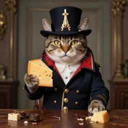 a cat dressed as Napoleon holding cheese by H.R. Giger