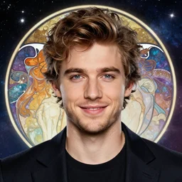 close up portrait, friendly tyler posey prince mage, abstract shield and galaxy background, alphonse mucha, rhads, ross tran, artstation, artgerm, octane render, 1 6 k