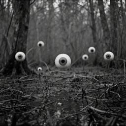 movie still of eyeballs flying over a swamp, cinestill 8 0 0 t 3 5 mm b & w, heavy grain, high quality, noir, natural textures, photorealistic, ambient occlusion, hd, ultra wide lens, anamorphic