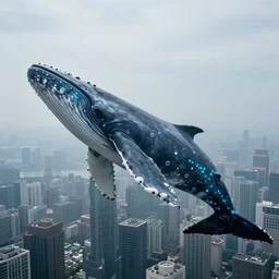 a huge whale with bioluminescent skin is swimming in the air near a skyscraper, epic, cinematic shot, soft light, atmosphere, high definition