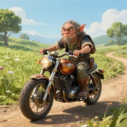 a goblin riding a steampunk motorcycle on a dirt road in a meadow in mid day, volumetric light, hyperdetailed, artstation, cgsociety, 8k