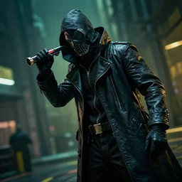 cyberpunk inspired plague doctor hacking, 4 k, stunning, shifted angle