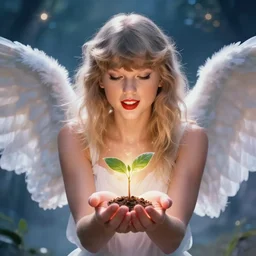taylor swift as a heavenlh angel showing seeds of happiness, clear face, focus, magical world, by greg rutkowski, sung choi, photo realistic, 8 k, cinematic lighting, hd, atmospheric, hyperdetailed, trending on artstation, devainart, digital painting, glow effect