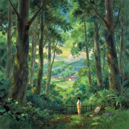 a beautiful scenic painting of forest panorama ground with fence and village in far distance by artgerm and makoto shinkai and wes anderson and spike jonze