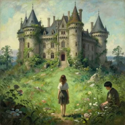a girl encountering a lost overgrown castle in another world. By Sylvain Sarrailh, Repin, and Ruan Jia