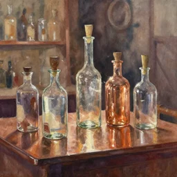 paint brush strokes, abstract watercolor painting of medieval pharmacy, western saloon, transparent glass bottles, reflective copper, art by hans dahl, by jesper ejsing, art by anders zorn, wonderful masterpiece by greg rutkowski, cinematic light, american romanticism by greg manchess, creation by tyler edlin