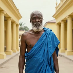 1 9 7 0 s movie by djibril diop mambety still of old socrates in blue drapery in a yellow neoclassical street with collums, cinestill 8 0 0 t 3 5 mm, high quality, heavy grain, high detail, panoramic, ultra wide lens, cinematic composition, dramatic light, anamorphic, piranesi style, etienne - louis boullee style