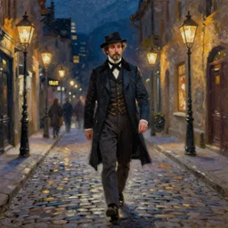oil painting of a Victorian gentleman walking down a cobblestone street, painting , night lot street, oil lamps